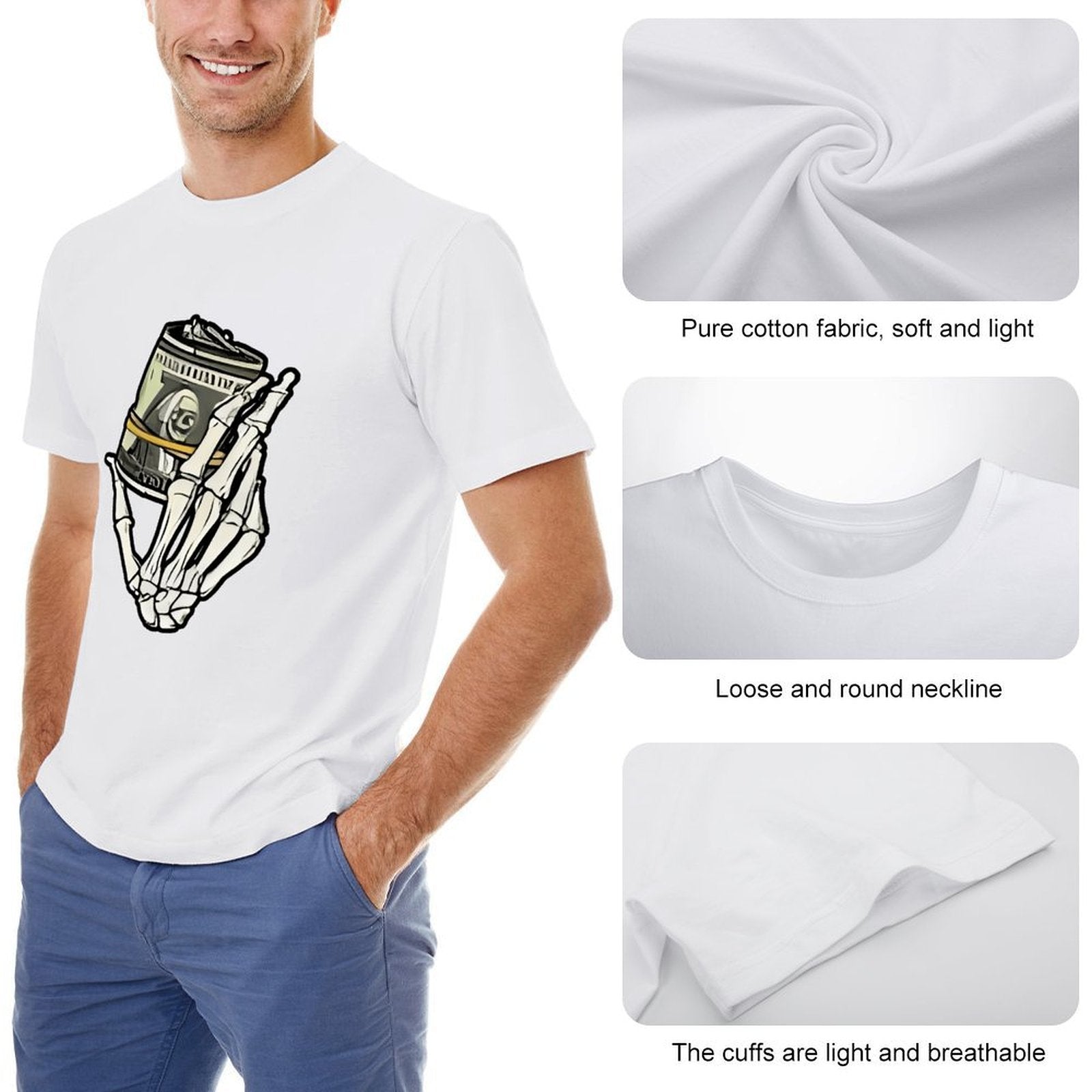 Inkmay Casual  Cotton T-shirt Skeleton Hand Holding Film Roll Art Unisex T-shirtChill Colorfast T-Shirt