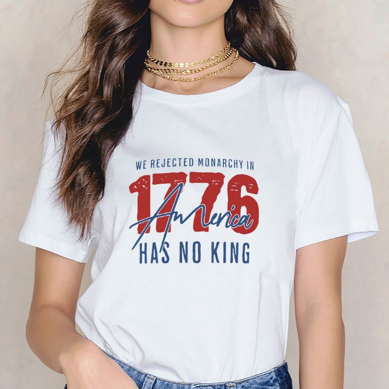 Inkmay Casual  Cotton T-shirt America Flag Pattern With Blue Red Unisex T-shirtSoft-Touch Colorfast T-Shirt
