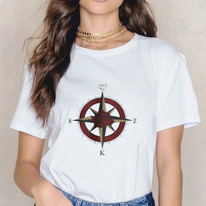 Inkmay Casual  Cotton T-shirt Rose Compass Design With Heart Elements Unisex T-shirtFitted Natural T-Shirt
