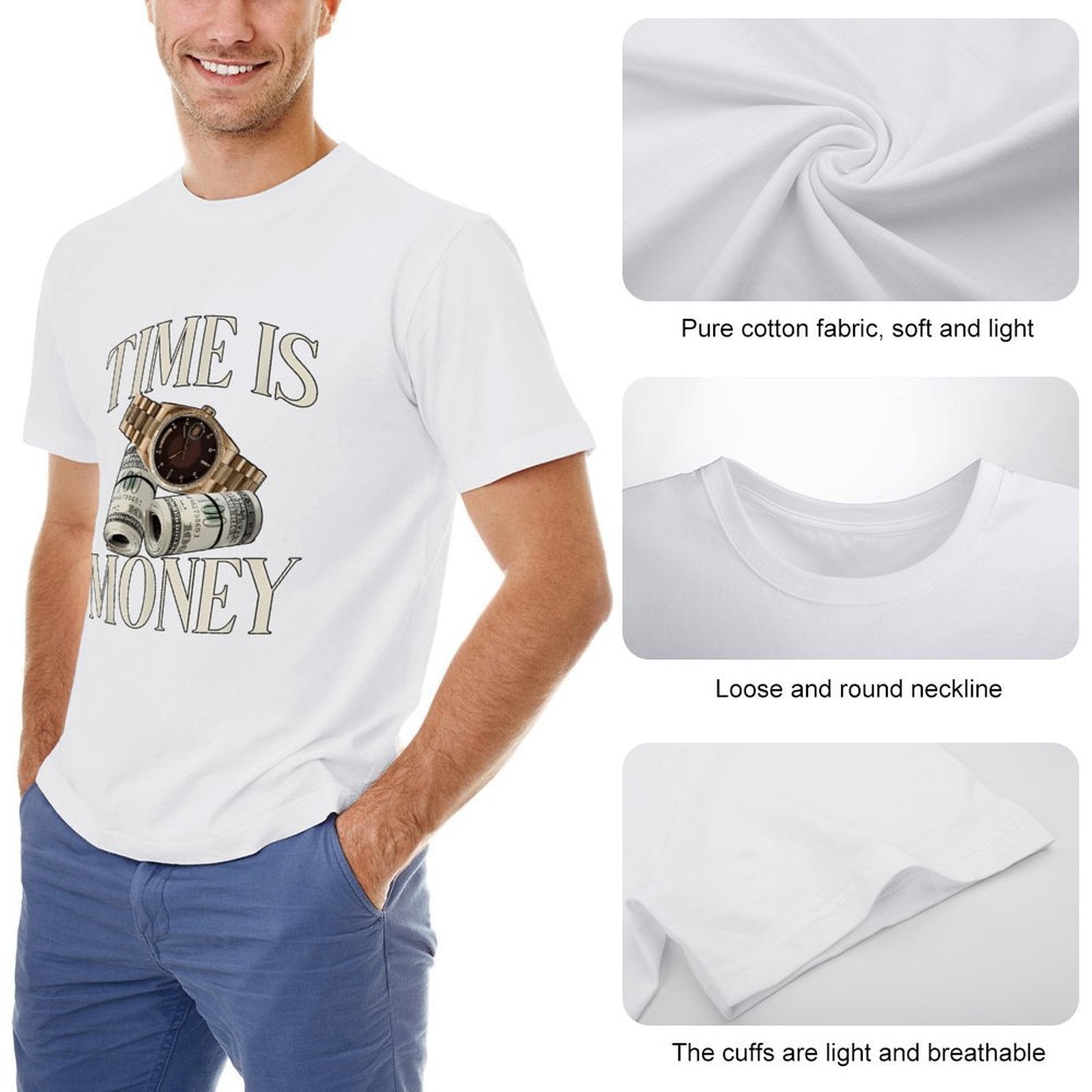 Inkmay Casual  Cotton T-shirt Time Is Money Watch And Dollars Unisex T-shirtRetro Original T-Shirt