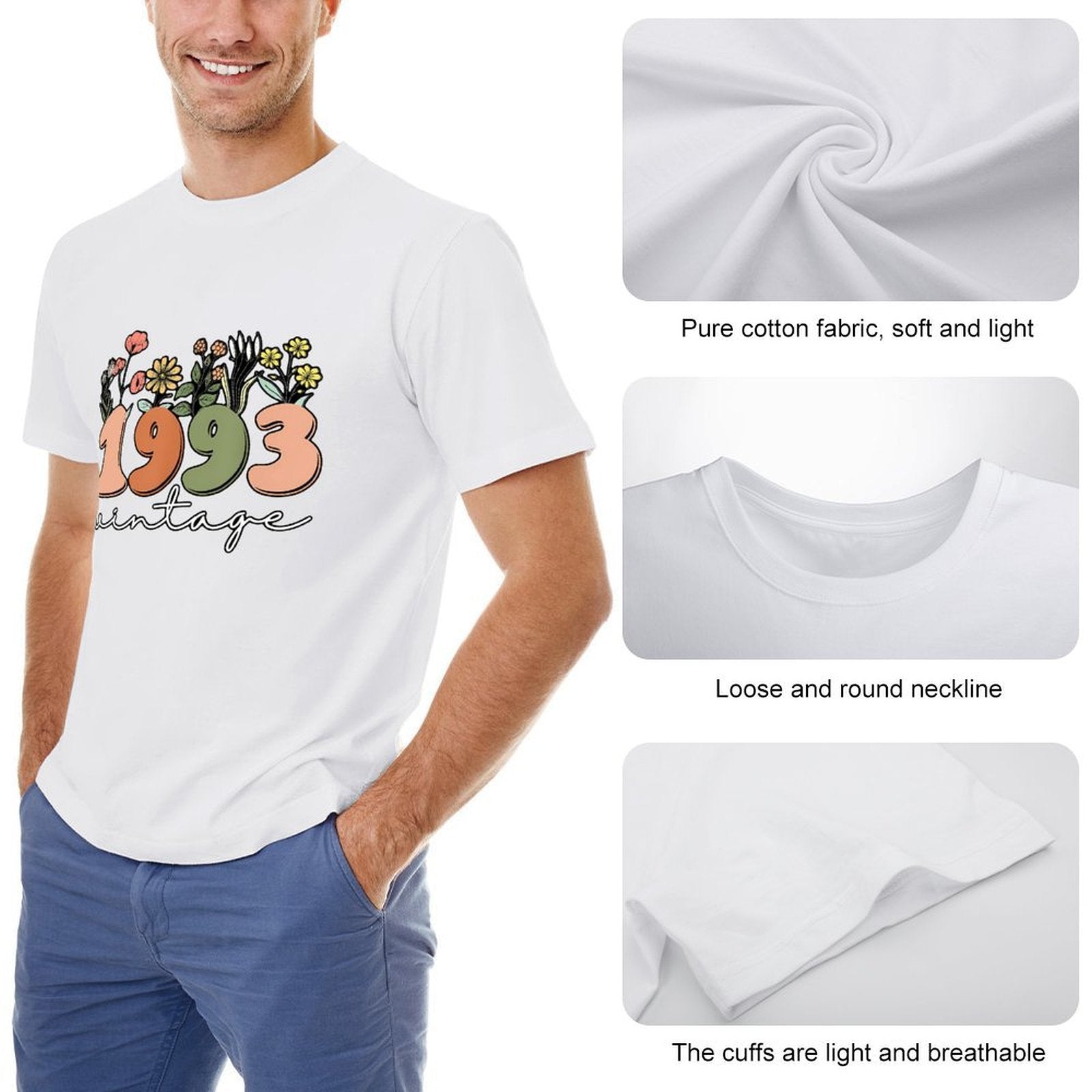 Inkmay Casual  Cotton T-shirt Vintage Floral Numbers On Black Background Unisex T-shirtTrueFit Recycled T-Shirt