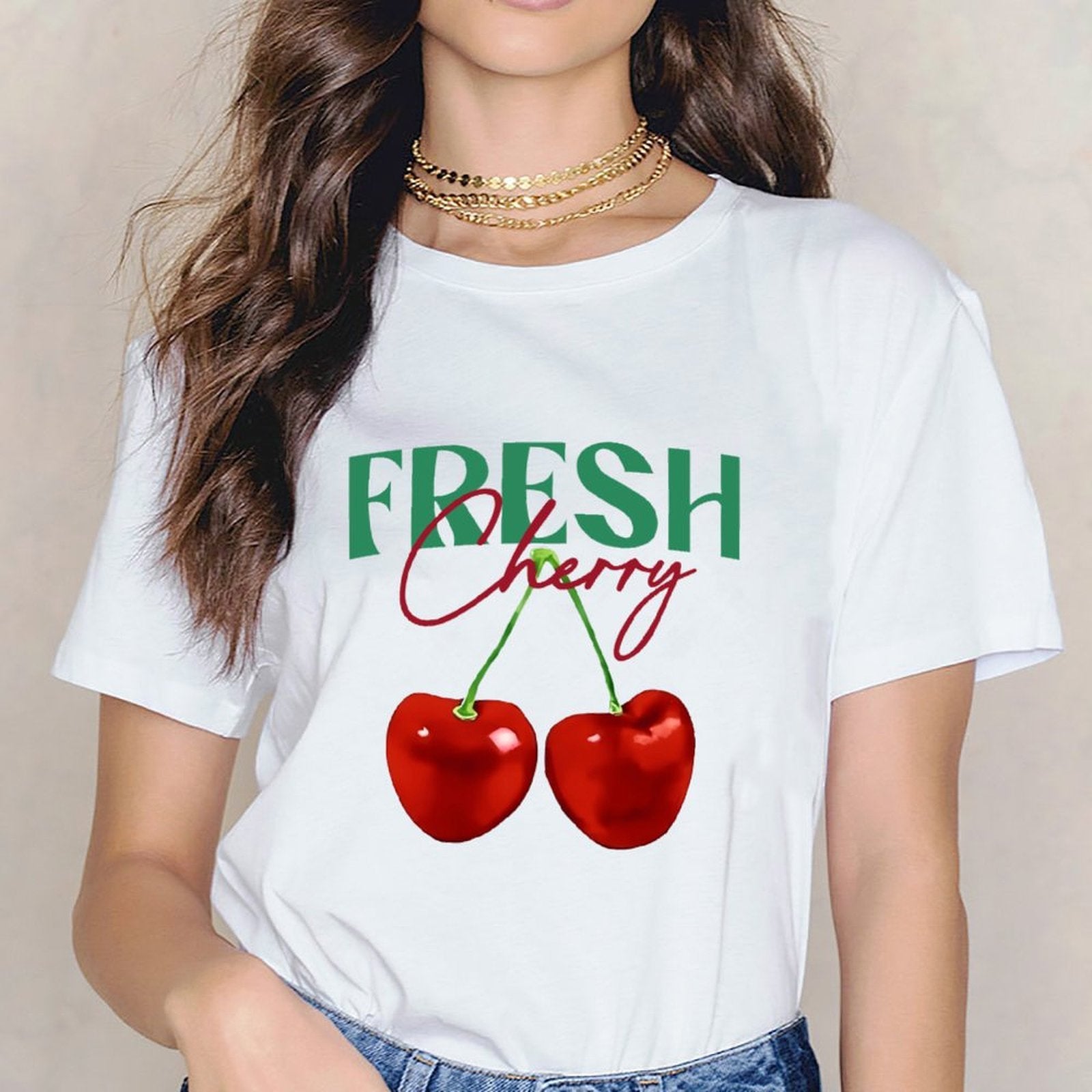 Inkmay Casual Cotton T-shirt Cherry Pattern Prints Fresh And Vibrant Unisex T-shirtBasic Plain T-Shirt