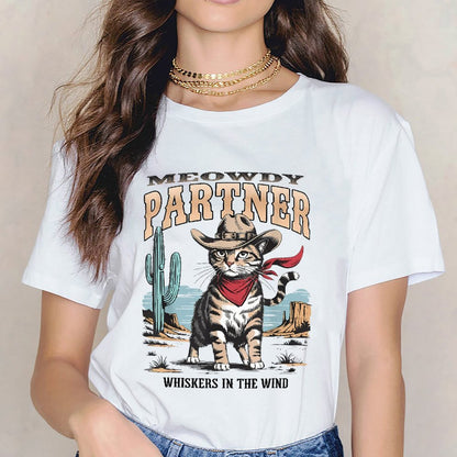 Inkmay Casual Cotton T-shirt Cat Wears Cowboy Hat And Bandana Unisex T-shirtCrew Neck SoftTouch T-Shirt