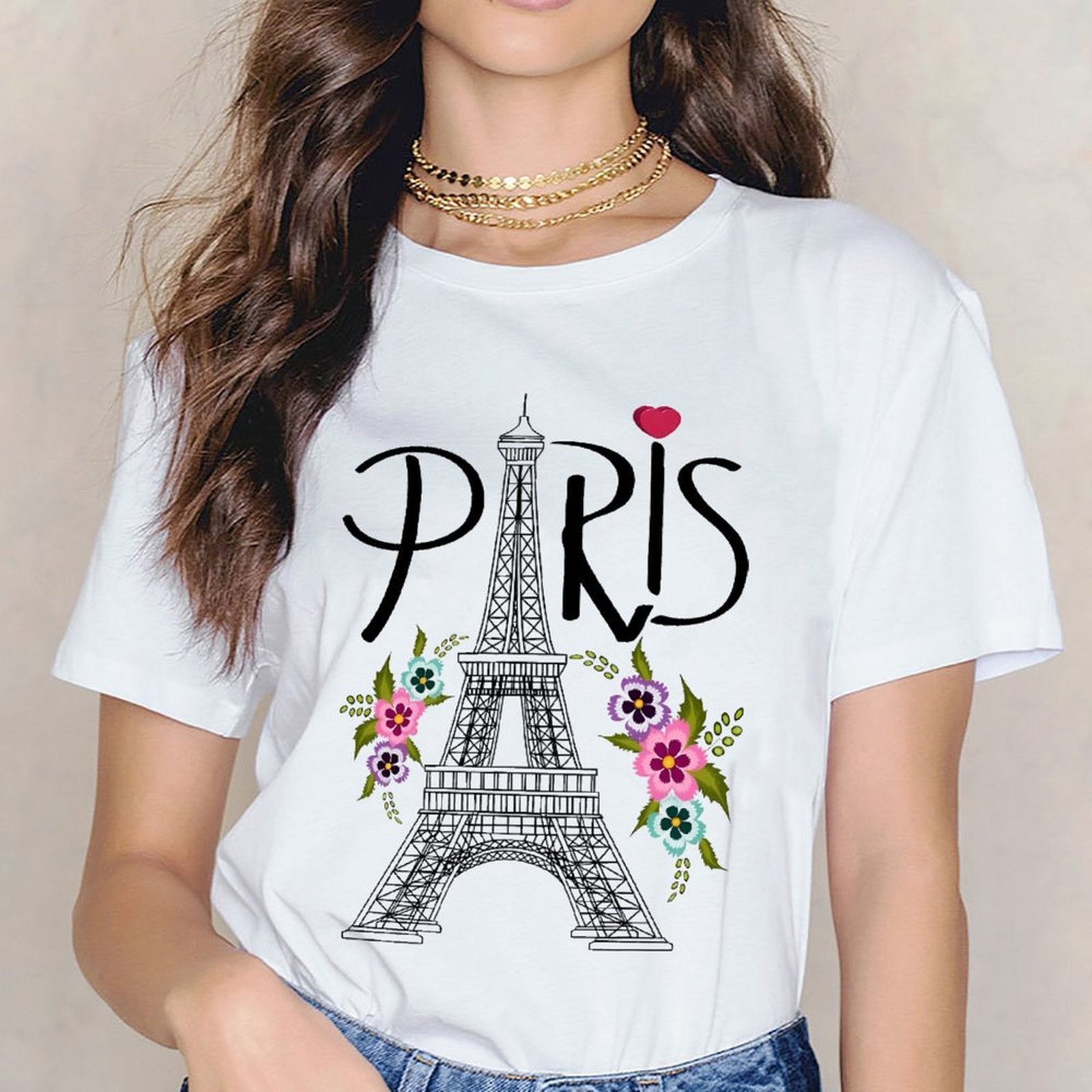 Inkmay Casual Cotton T-shirt Paris Eiffel Tower Floral Design Artwork Unisex T-shirtDailyFit Crisp Print T-Shirt