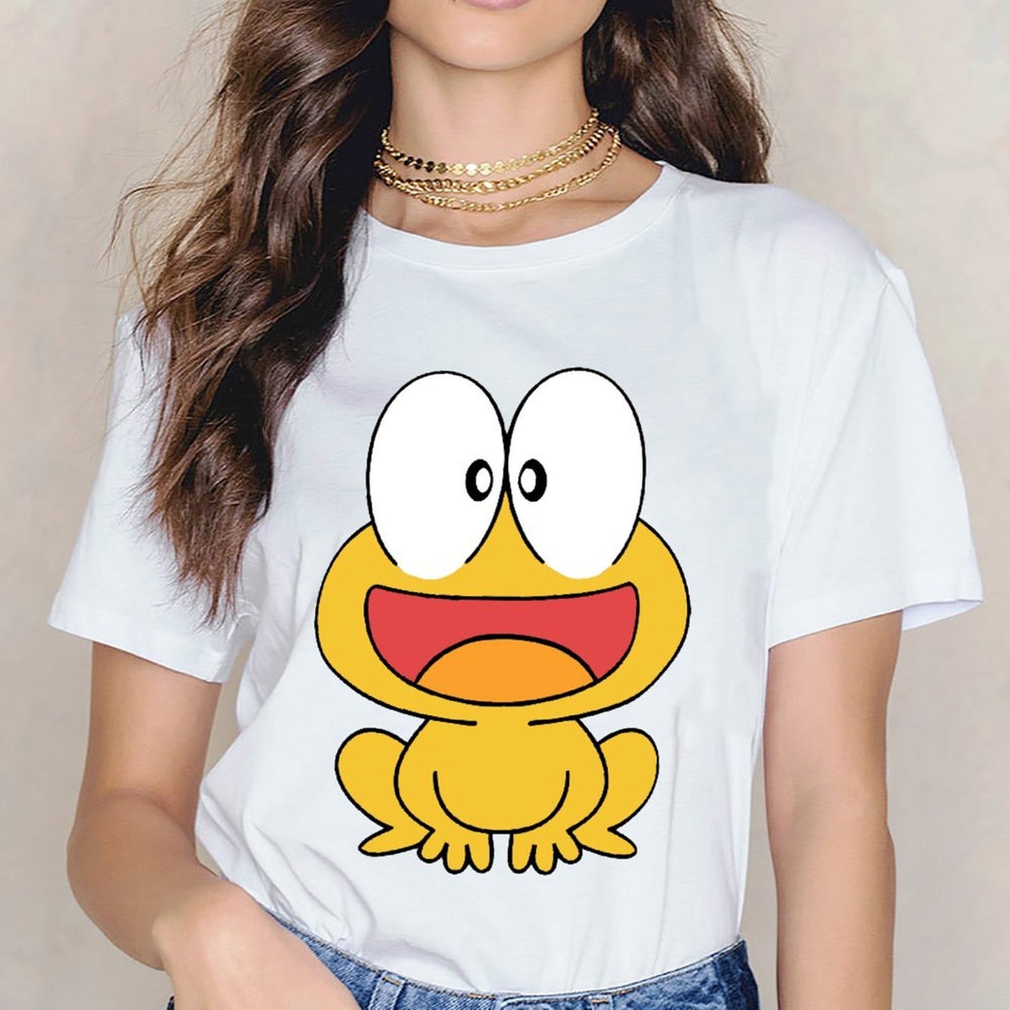Inkmay Casual Cotton T-shirt Cute Yellow Frog With Big Eyes Unisex T-shirtPocket Tee Soft-Touch T-Shirt