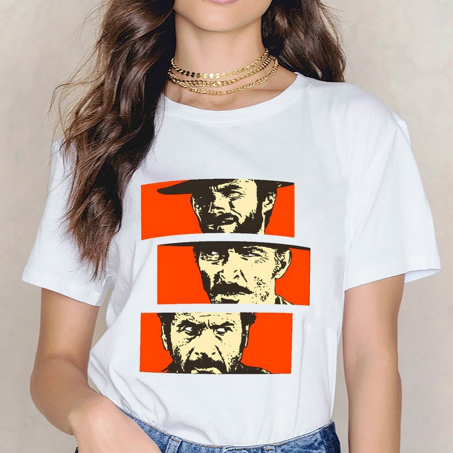 Inkmay Casual Cotton T-shirt Bold Orange Background With Face Prints Unisex T-shirtPocket Tee Relaxed T-Shirt