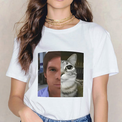 Inkmay Casual  Cotton T-shirt Man And Cat Face Split Unisex T-shirtSignature Bold T-Shirt