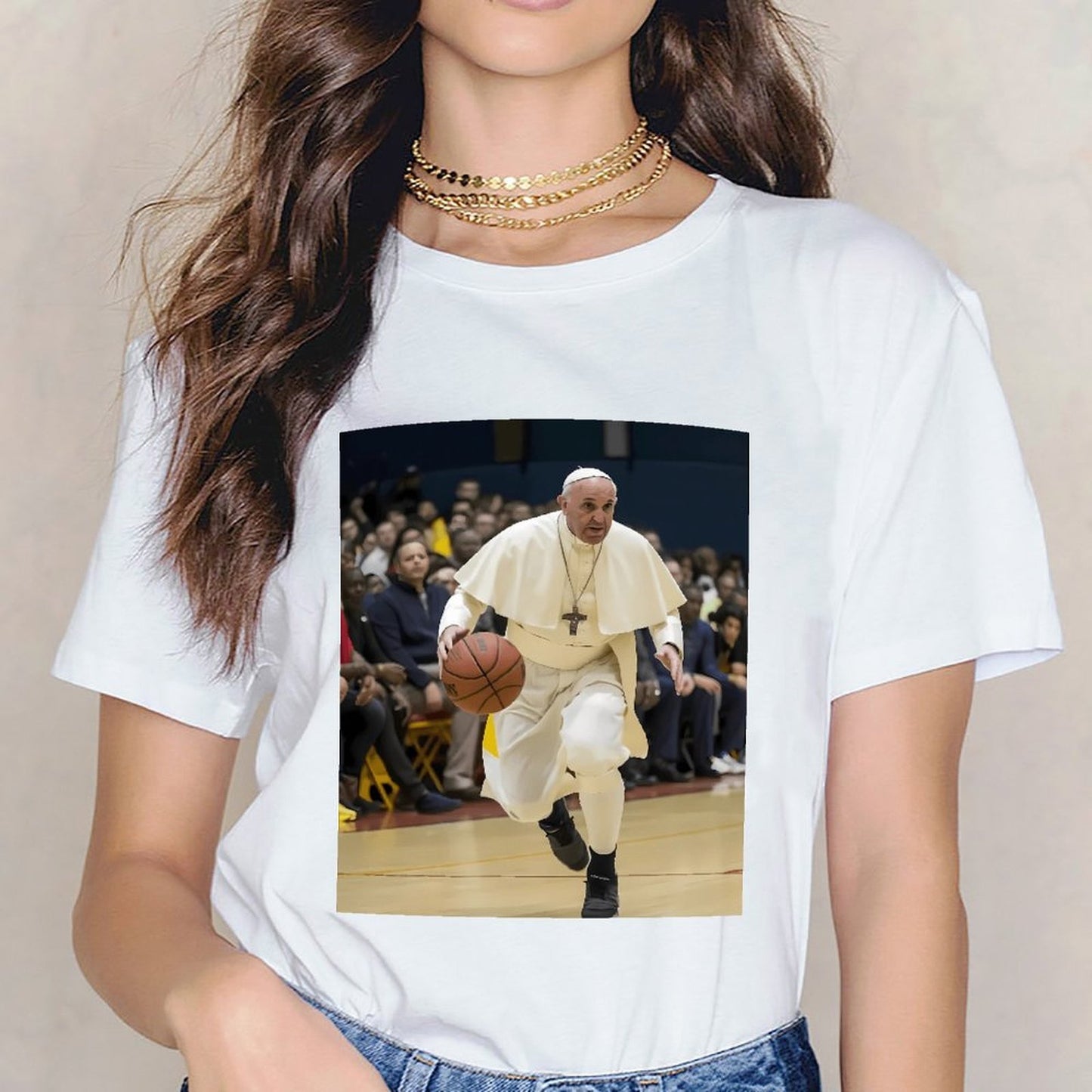 Inkmay Casual Cotton T-shirt Pope Playing Basketball In White Robes Unisex T-shirtSport BasicSeries T-Shirt