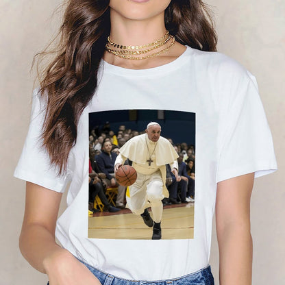 Inkmay Casual Cotton T-shirt Pope Playing Basketball In White Robes Unisex T-shirtSport BasicSeries T-Shirt