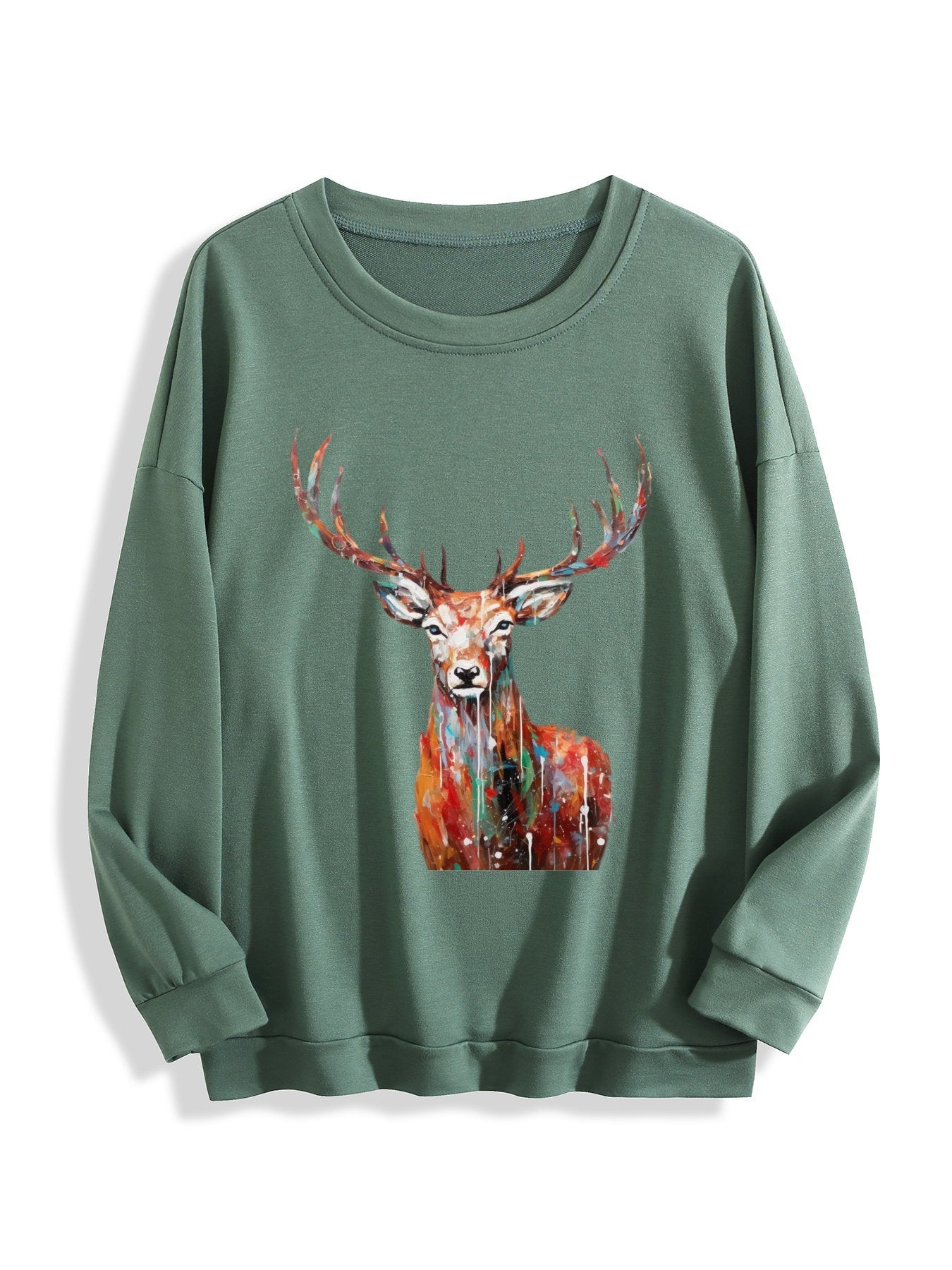 Customizable Christmas-themed long-sleeved shirt with oil painting of reindeer