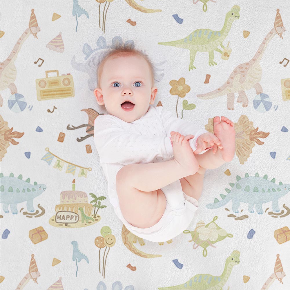 Dinosaur Print Blanket White with Multicolor Dinosaurs and Moon Pattern for Cozy Bedding