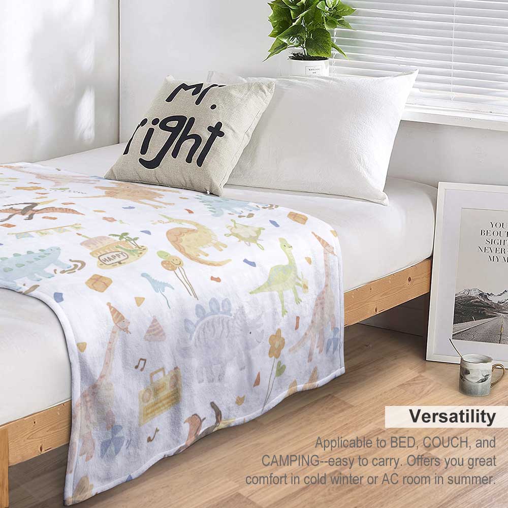 Dinosaur Print Blanket White with Multicolor Dinosaurs and Moon Pattern for Cozy Bedding