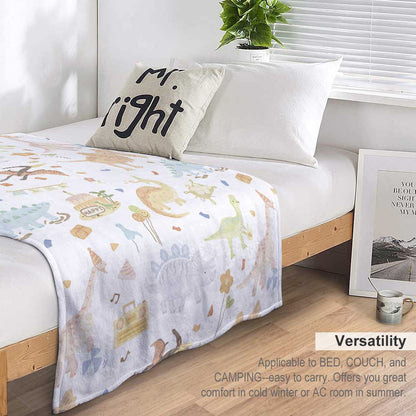 Dinosaur Print Blanket White with Multicolor Dinosaurs and Moon Pattern for Cozy Bedding