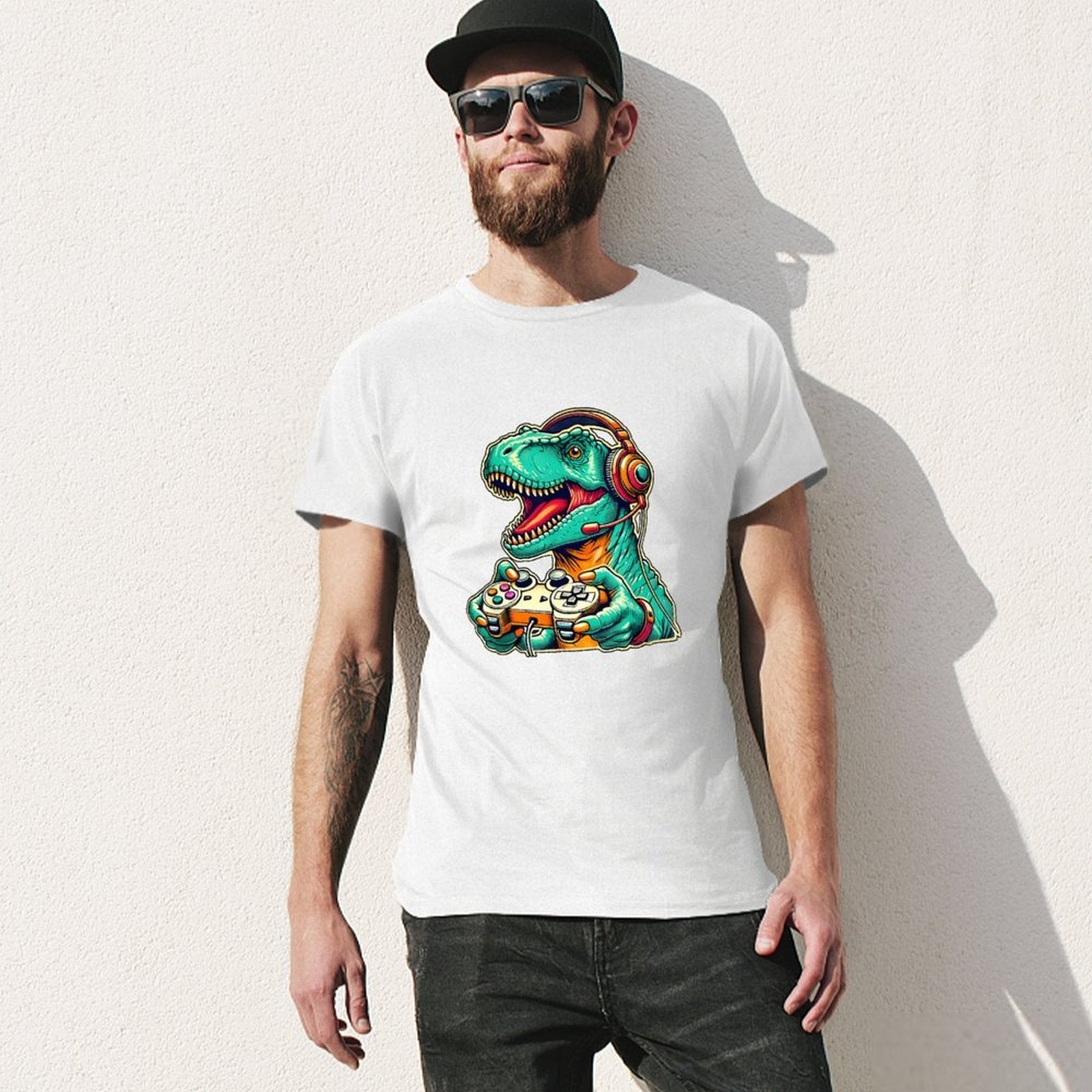 Inkmay Casual  Cotton T-shirt Gaming Dinosaur With Headphones And Unisex T-shirt100% Cotton Daily T-Shirt