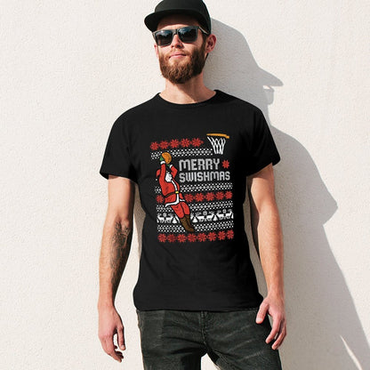 Inkmay Casual  Cotton T-shirt Merry Swishmas Santa Plays Basketball Pattern Unisex T-shirtClassic EverydaySeries T-Shirt