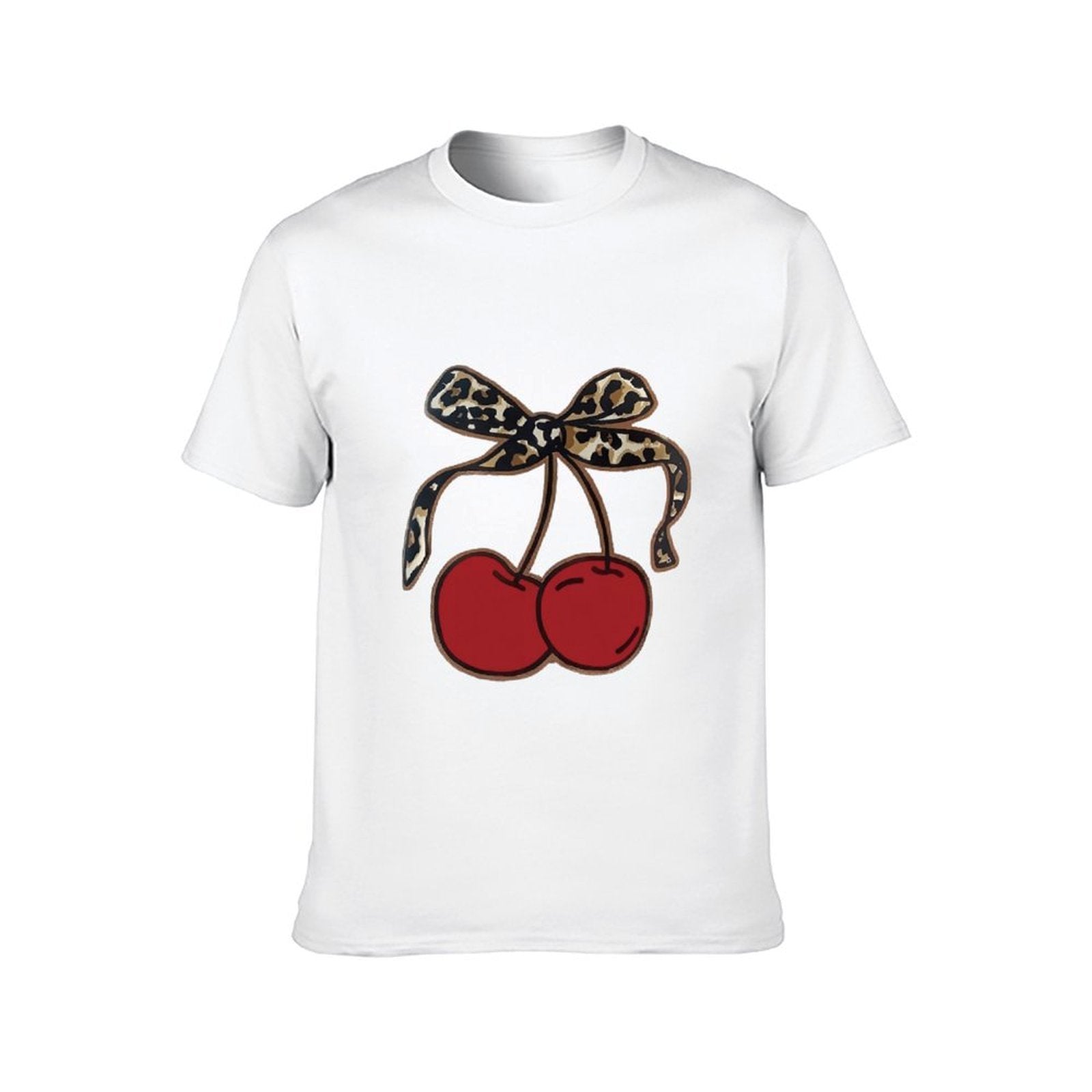 Inkmay Casual Cotton T-shirt Cherry Print With Leopard Pattern Design Unisex T-shirtYearRound Basic T-Shirt