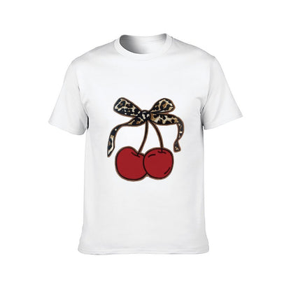 Inkmay Casual Cotton T-shirt Cherry Print With Leopard Pattern Design Unisex T-shirtYearRound Basic T-Shirt