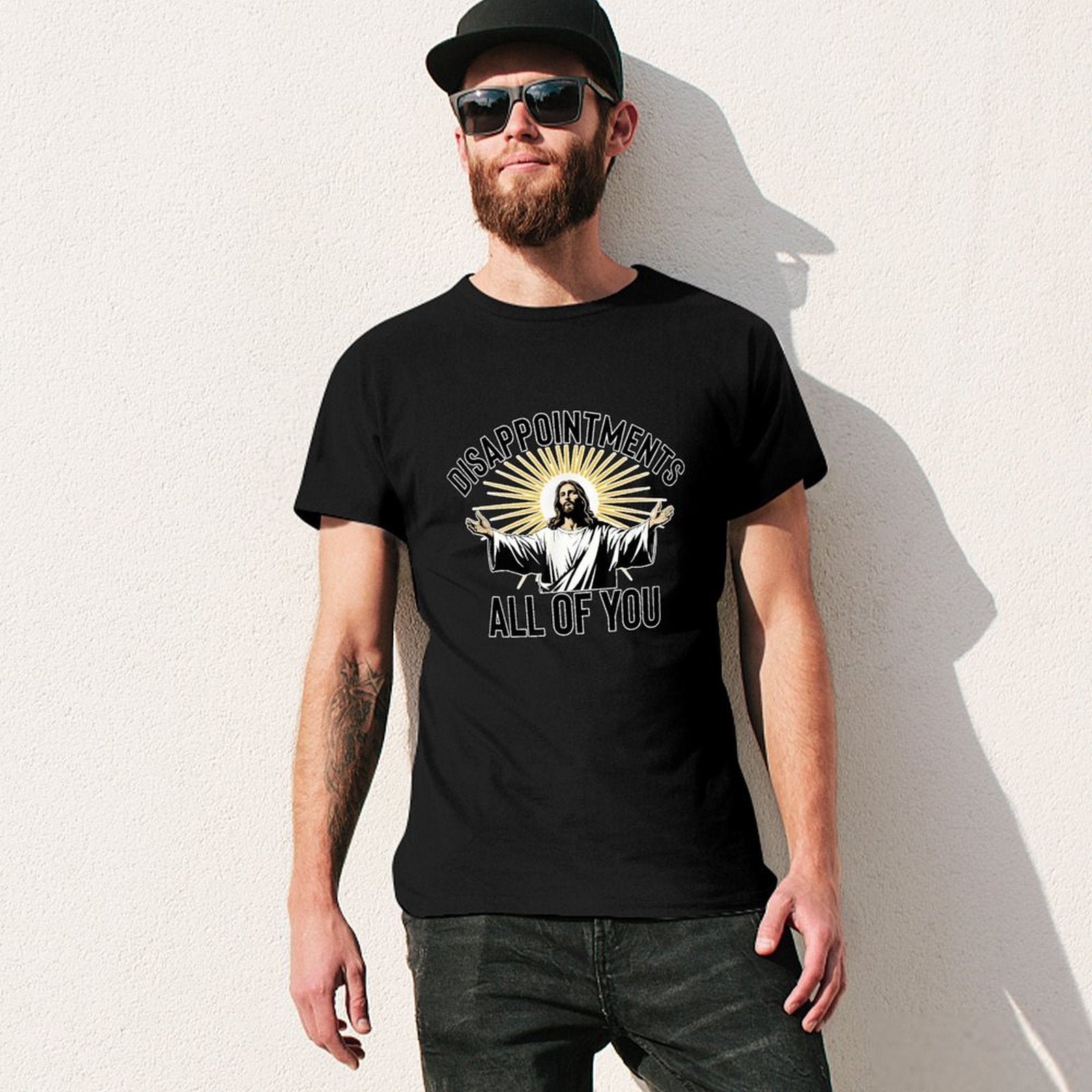 Inkmay Casual  Cotton T-shirt Jesus With Open Arms Radiating Light Unisex T-shirtPrinting Shrink-Resistant T-Shirt
