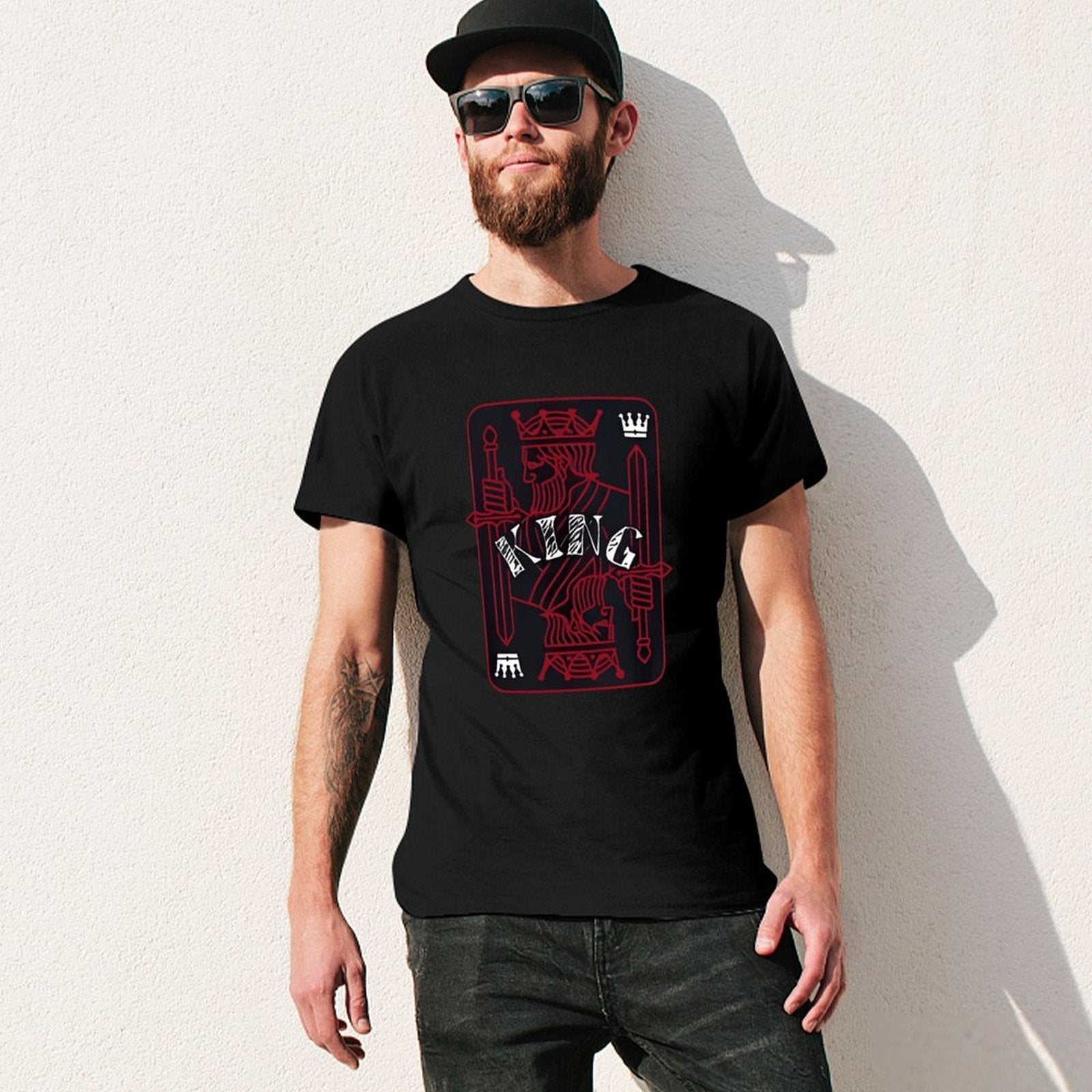 Inkmay Casual  Cotton T-shirt King Card Design With Swords Unisex T-shirtSimple YearRound T-Shirt