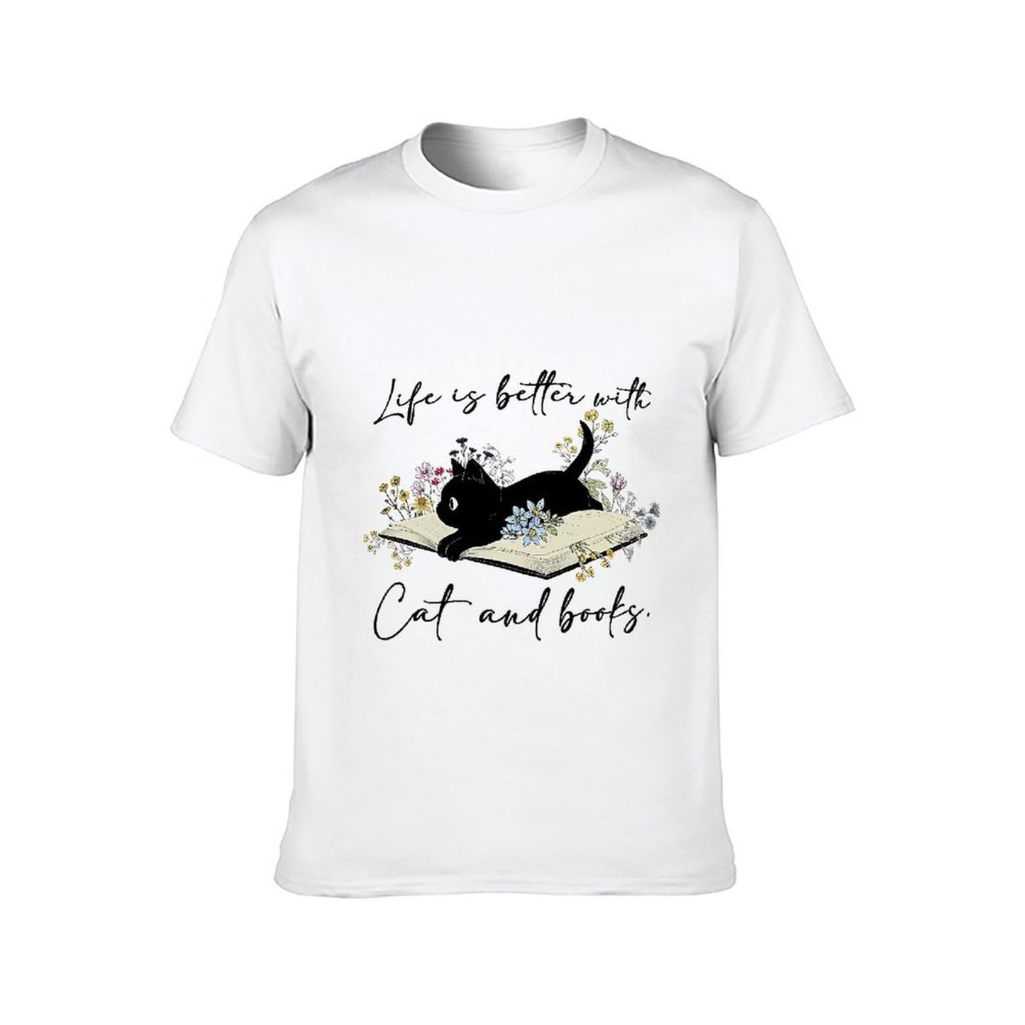 Inkmay Casual Cotton T-shirt Cat Reading Book Among Flowers Art Unisex T-shirtStandard Pure T-Shirt
