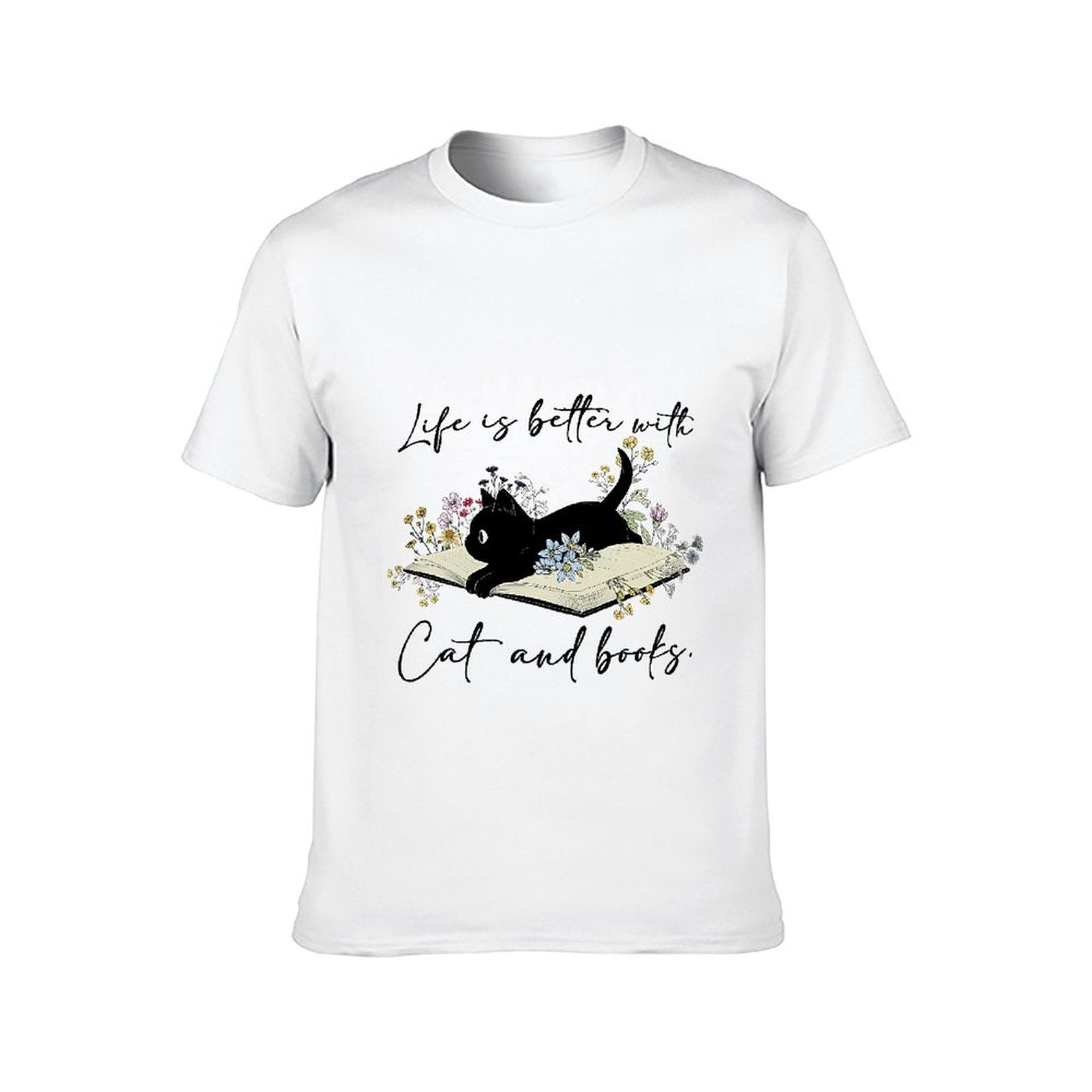 Inkmay Casual Cotton T-shirt Cat Reading Book Among Flowers Art Unisex T-shirtStandard Pure T-Shirt