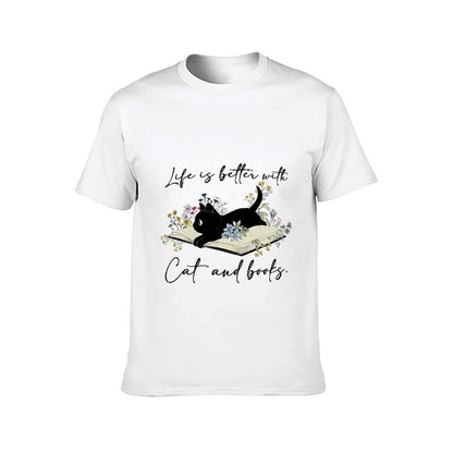 Inkmay Casual Cotton T-shirt Cat Reading Book Among Flowers Art Unisex T-shirtStandard Pure T-Shirt