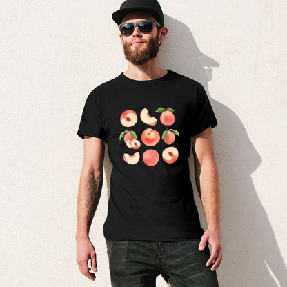 Inkmay Casual  Cotton T-shirt Peaches Slices And Leaves Pattern Design Unisex T-shirtMidweight ClassicStyle T-Shirt