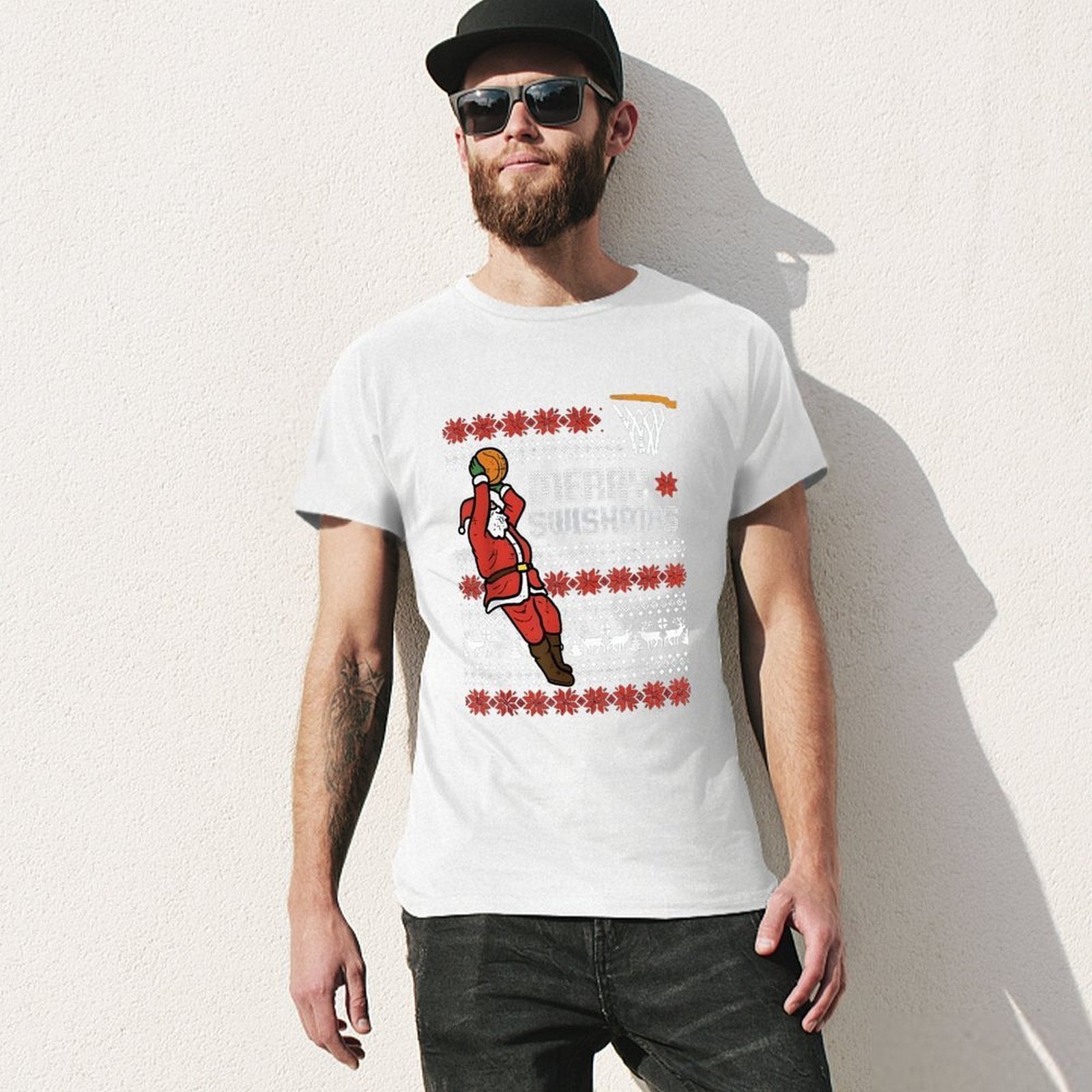 Inkmay Casual  Cotton T-shirt Merry Swishmas Santa Plays Basketball Pattern Unisex T-shirtClassic EverydaySeries T-Shirt