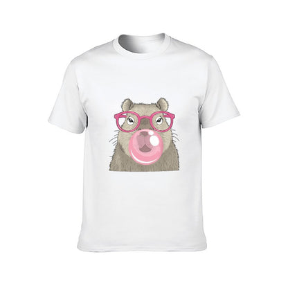 Inkmay Casual Cotton T-shirt Cartoon Bear With Pink Glasses Bubble Unisex T-shirt