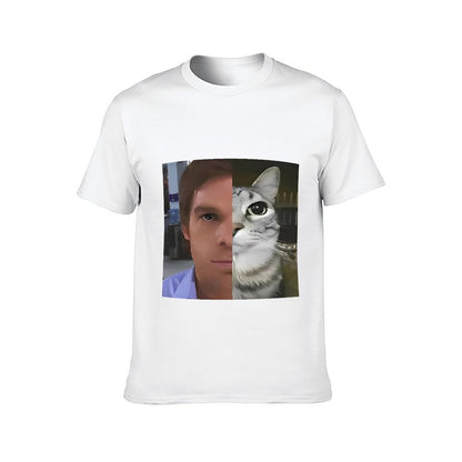 Inkmay Casual Cotton T-shirt Half Human Half Cat Face Split Unisex T-shirtAllDay Midweight T-Shirt