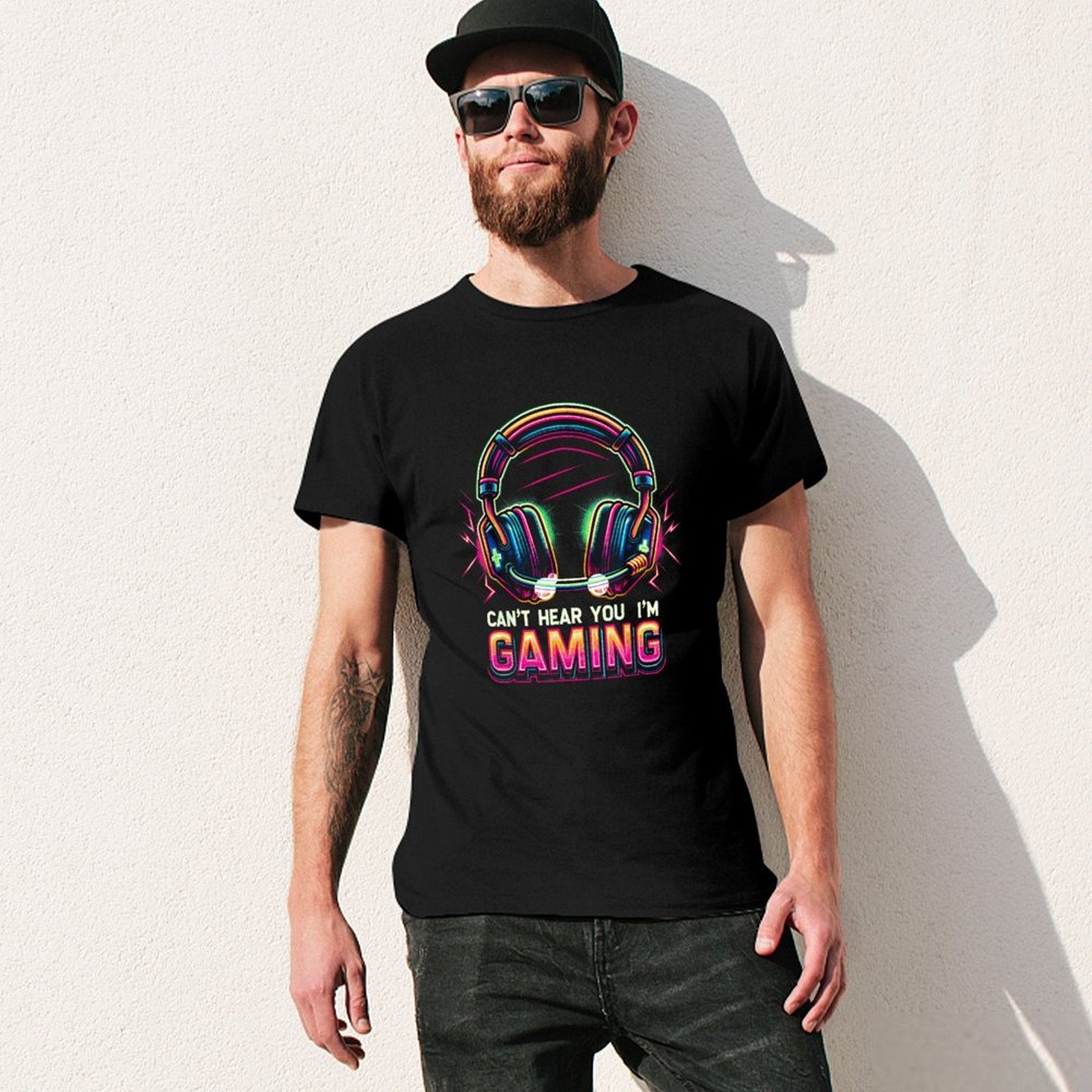 Inkmay Casual  Cotton T-shirt Gaming Headphones Neon Colors Bright Design Unisex T-shirtMoisture-Wicking Natural T-Shirt