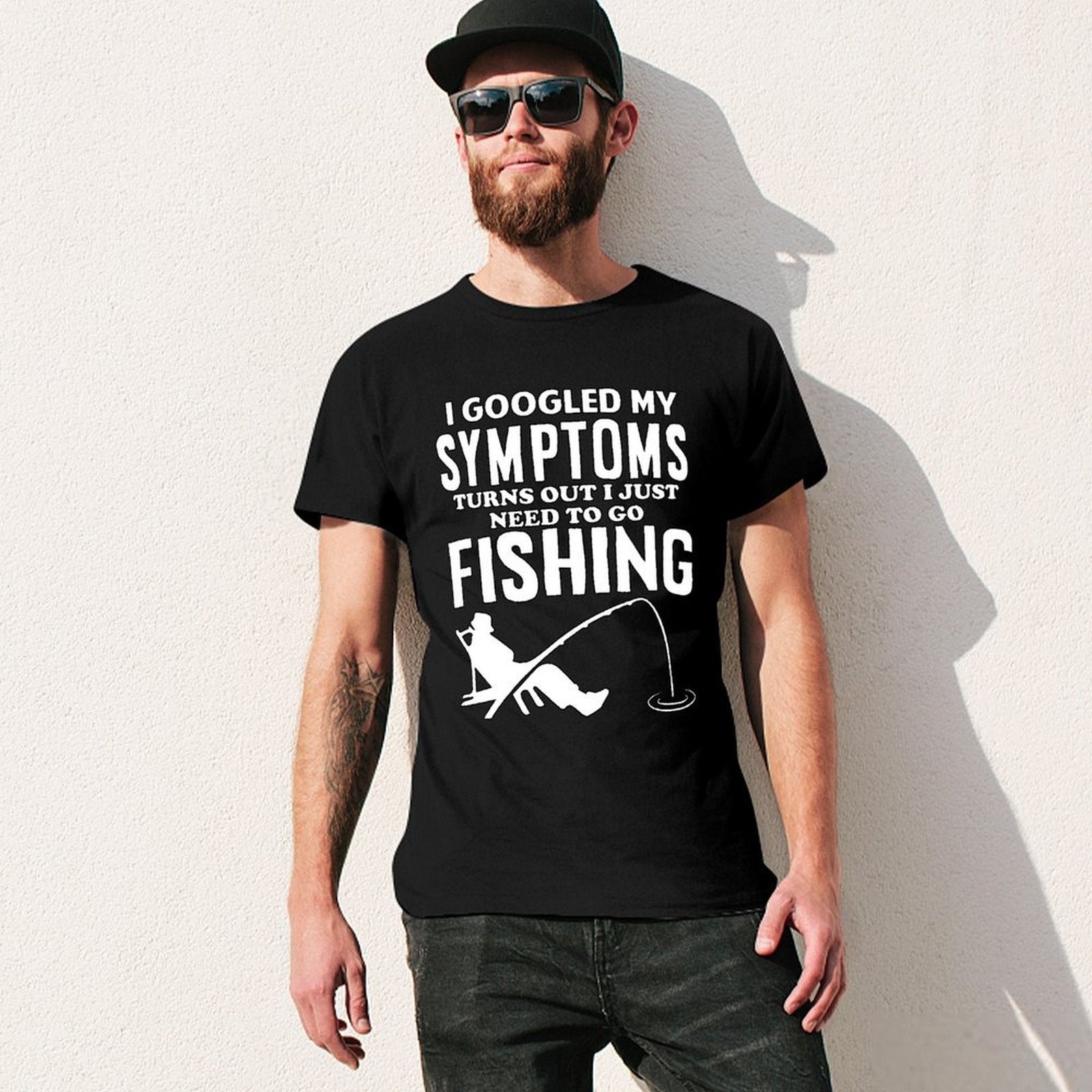 Inkmay Casual  Cotton T-shirt Fishing Theme Print On Black Background Unisex T-shirtTear-Resistant Wrinkle-Free T-Shirt