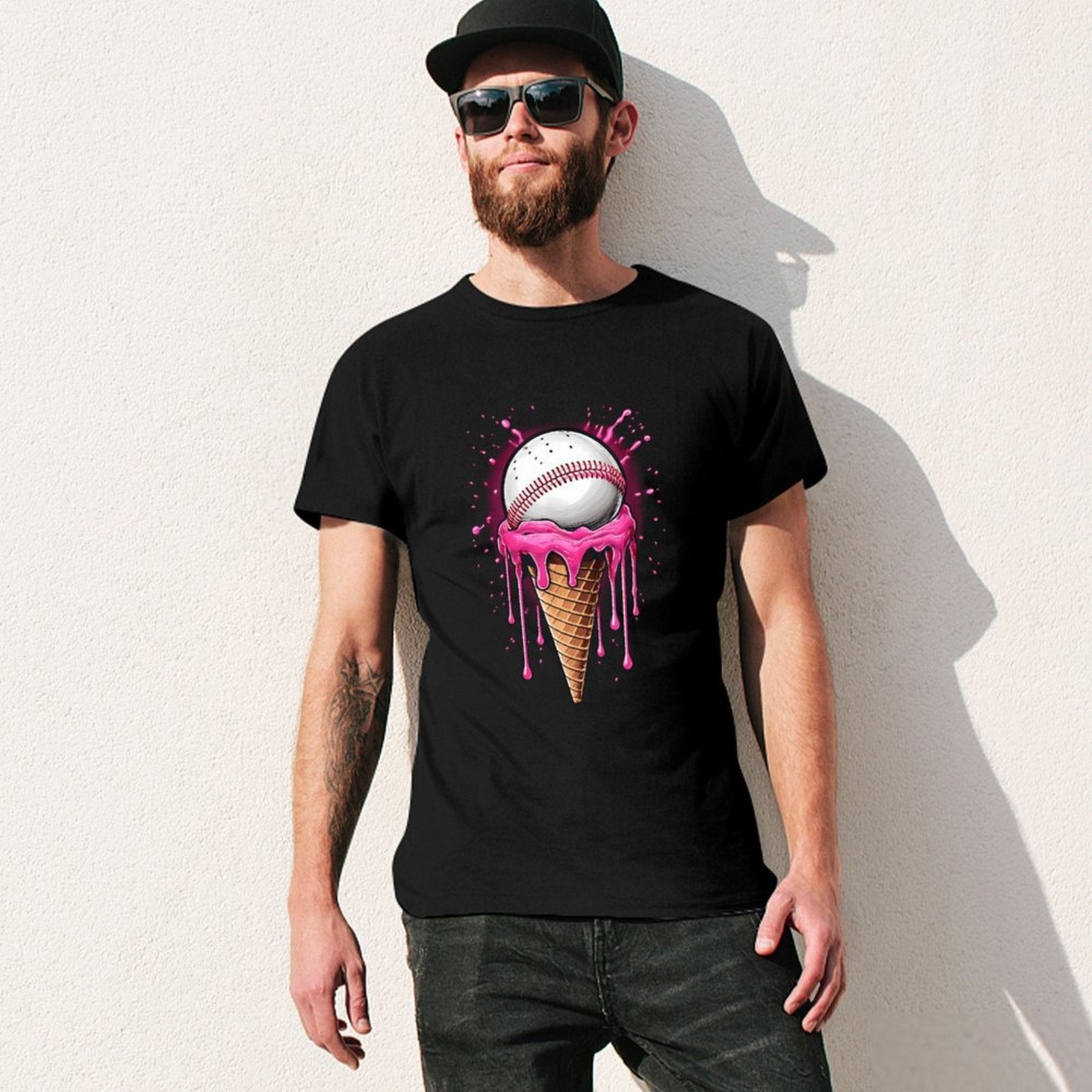 Inkmay Casual  Cotton T-shirt Baseball On Ice Cream Cone Art Unisex T-shirtLogo-Ready Vibrant Colors T-Shirt