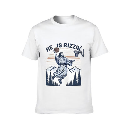 Inkmay Casual  Cotton T-shirt Jesus Playing Basketball In Mountain Scene Unisex T-shirtColorfast Neat T-Shirt