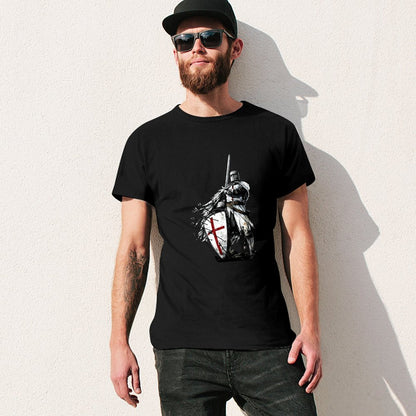 Inkmay Casual  Cotton T-shirt Knight In Armor Holding Shield Sword Unisex T-shirtOn-Demand Batch-Printed T-Shirt