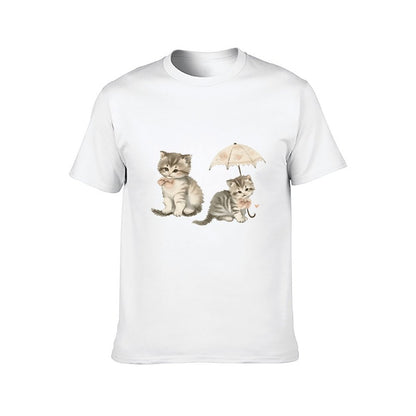 Inkmay Casual  Cotton T-shirt Cute Kittens With Umbrella And Bow Unisex T-shirtSoftstyle Clean Edges T-Shirt