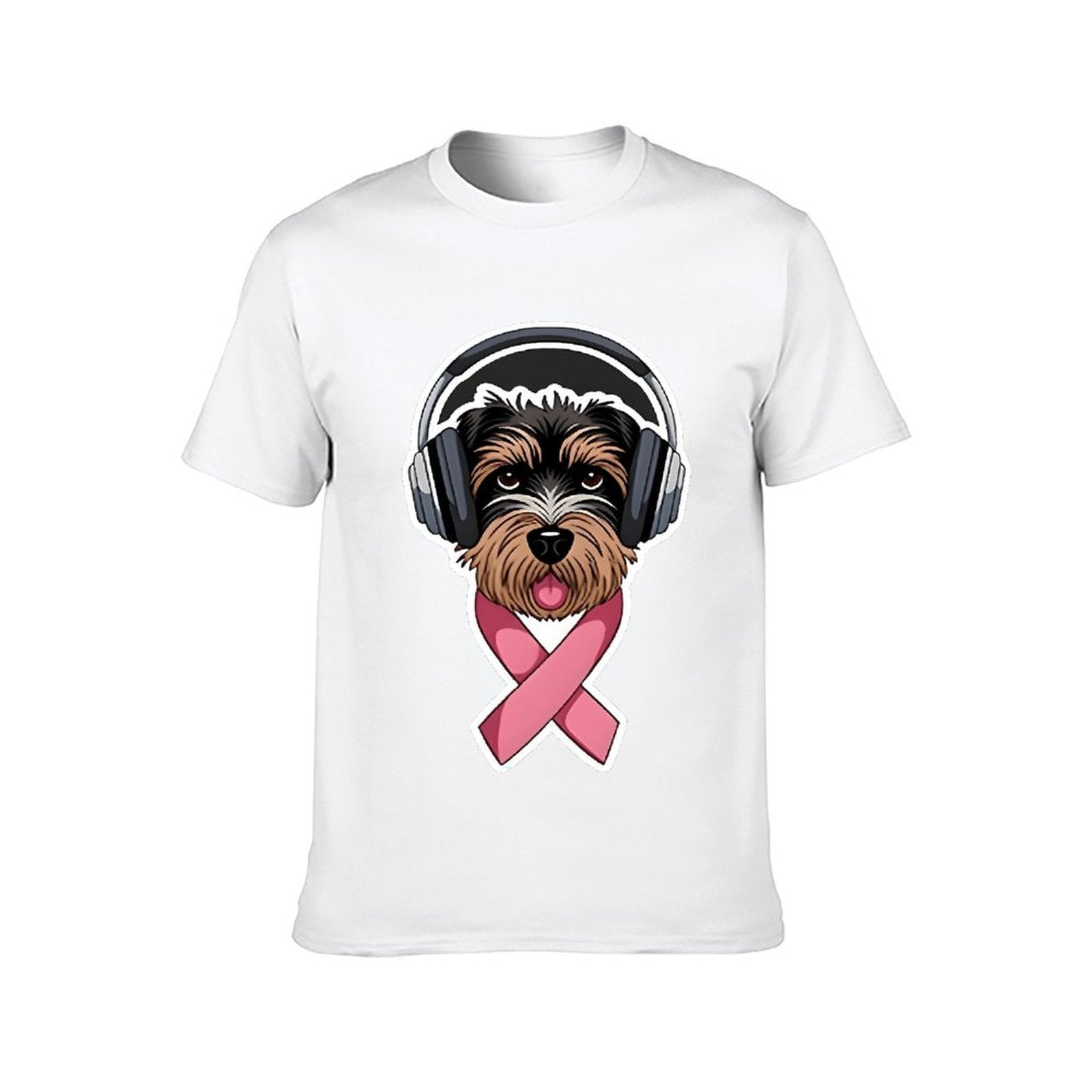 Inkmay Casual  Cotton T-shirt Dog Wearing Headphones Pink Ribbon Support Unisex T-shirtClean Chill T-Shirt