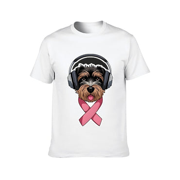 Inkmay Casual  Cotton T-shirt Dog Wearing Headphones Pink Ribbon Support Unisex T-shirtClean Chill T-Shirt