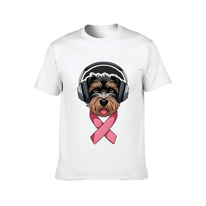Inkmay Casual  Cotton T-shirt Dog Wearing Headphones Pink Ribbon Support Unisex T-shirtClean Chill T-Shirt