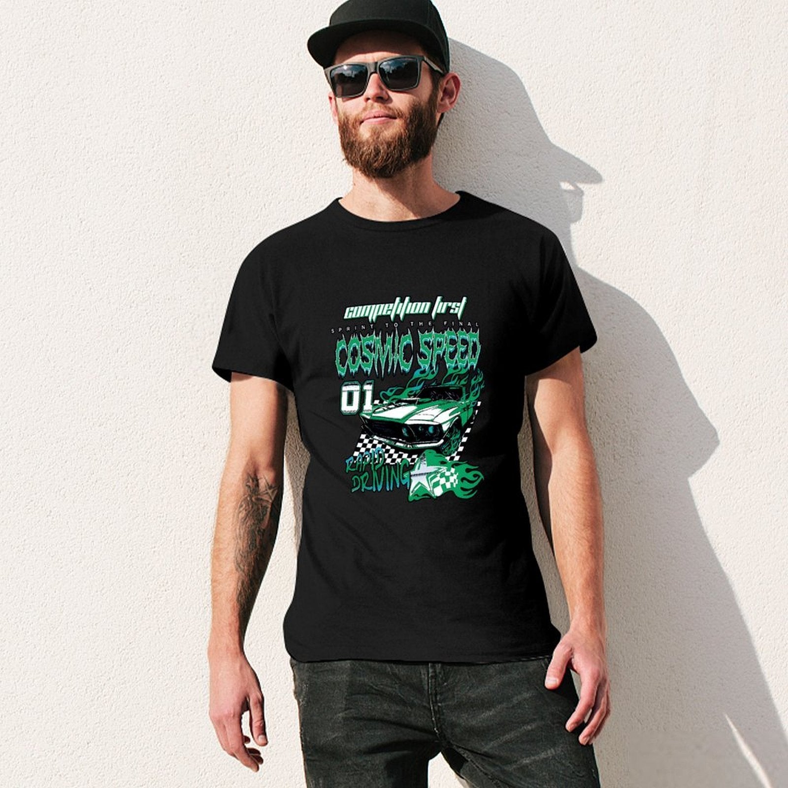 Inkmay Casual  Cotton T-shirt Cosmic Speed Car Racing Design Art Unisex T-shirtHeat-Transfer Comfort T-Shirt