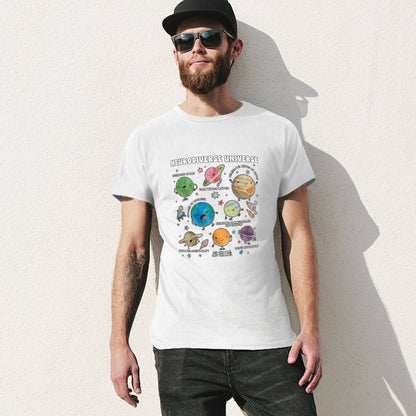 Inkmay Casual  Cotton T-shirt Neurodiverse Universe Planets With Friendly Faces Unisex T-shirtMinimal ComfortLine T-Shirt