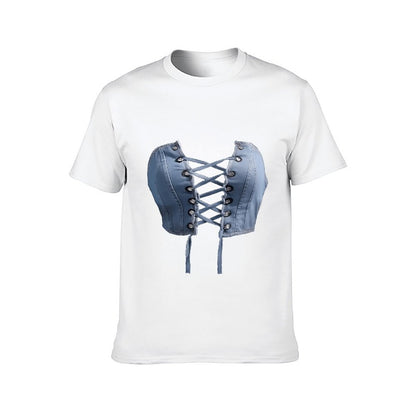 Inkmay Casual Cotton T-shirt Blue Satin Corset With Laceups Unisex T-shirtSimple Heavyweight T-Shirt