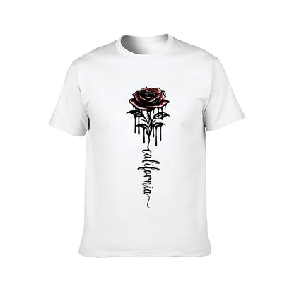 Inkmay Casual Cotton T-shirt Rose Pattern Print On Black Background Unisex T-shirtTimelessStyle ClassicFit T-Shirt