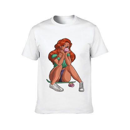 Inkmay Casual  Cotton T-shirt Girl Sitting On Skateboard Blowing Bubble Unisex T-shirtSmooth Feel Modern T-Shirt