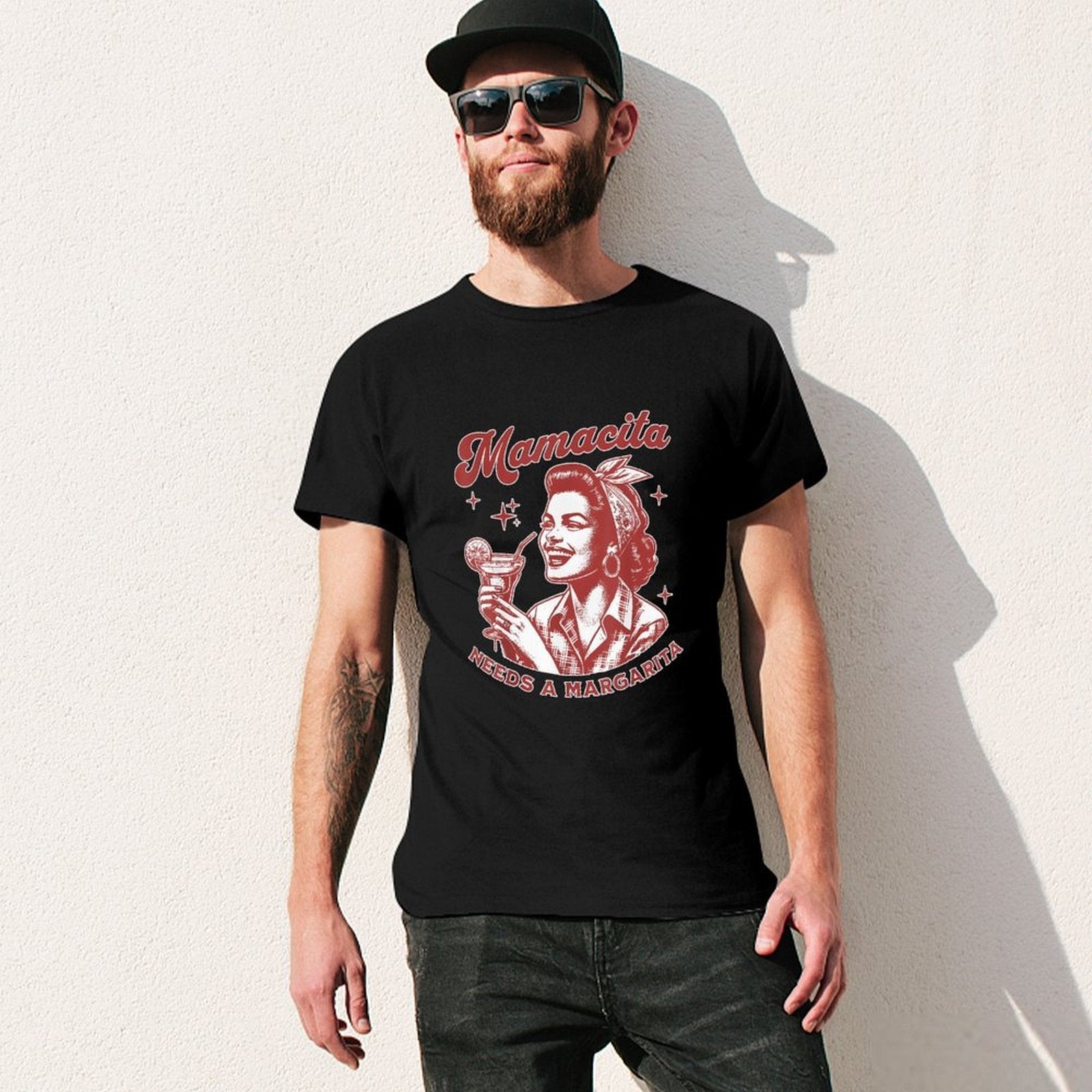 Inkmay Casual  Cotton T-shirt Retro Woman Holding Cocktail Glass Artwork Unisex T-shirtBasicSeries Heritage T-Shirt