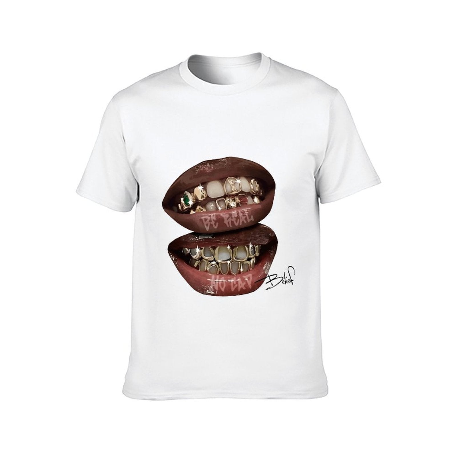 Inkmay Casual Cotton T-shirt Golden Teeth With Shiny Gems Embedded Unisex T-shirtLightweight Chill T-Shirt