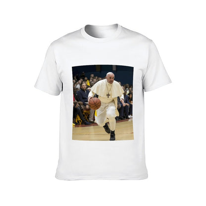 Inkmay Casual Cotton T-shirt Pope Playing Basketball In White Robes Unisex T-shirtSport BasicSeries T-Shirt
