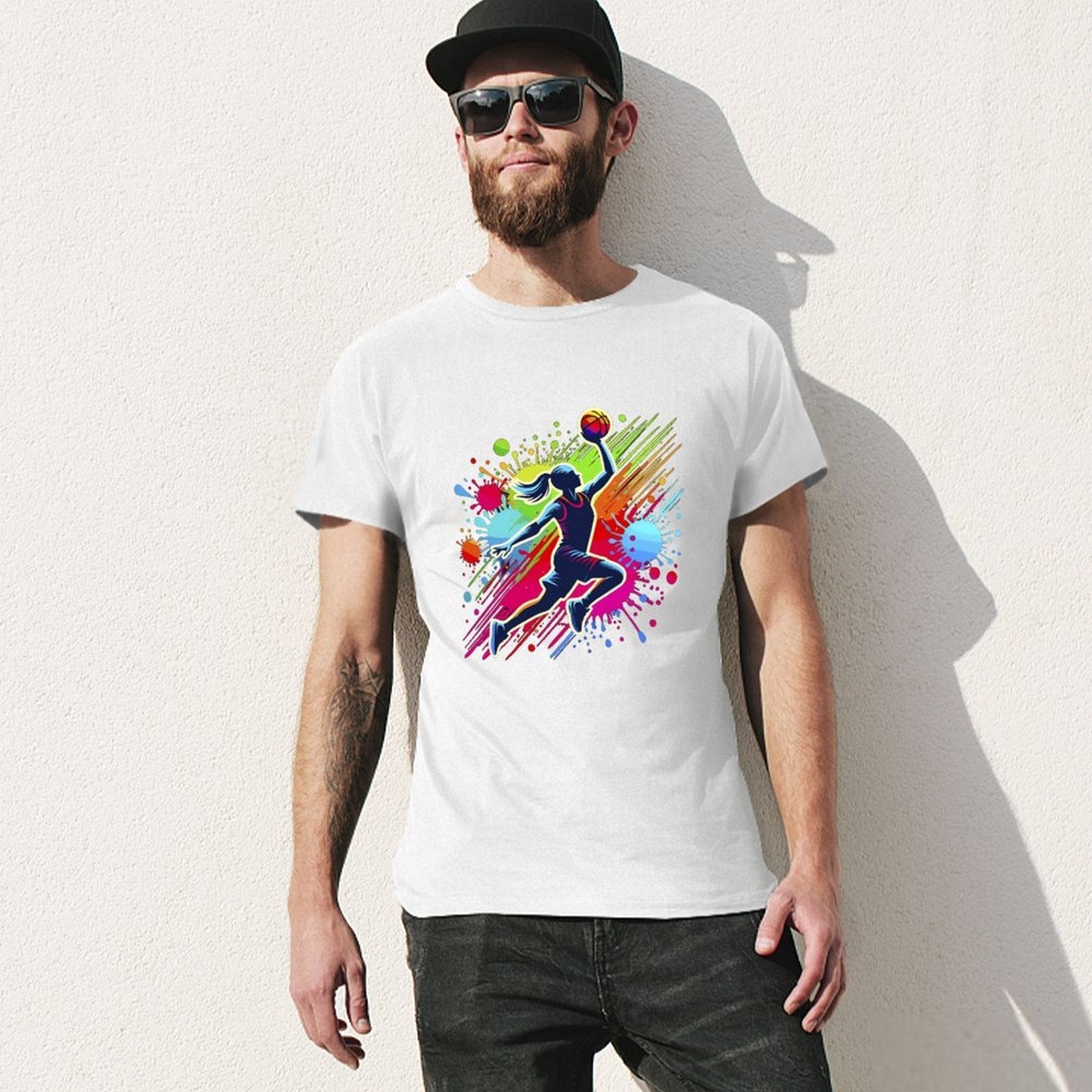 Inkmay Casual  Cotton T-shirt Basketball Player With Colorful Splash Design Unisex T-shirtNeat Smooth T-Shirt