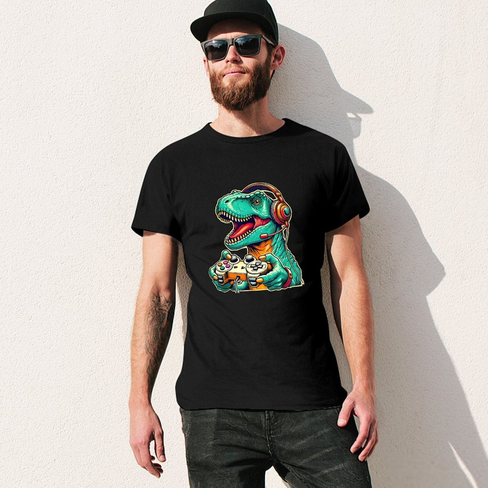 Inkmay Casual  Cotton T-shirt Gaming Dinosaur With Headphones And Unisex T-shirt100% Cotton Daily T-Shirt