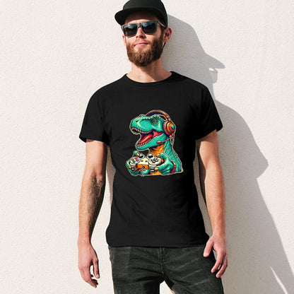 Inkmay Casual  Cotton T-shirt Gaming Dinosaur With Headphones And Unisex T-shirt100% Cotton Daily T-Shirt